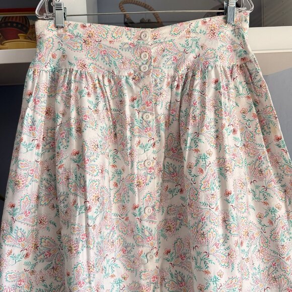 Vtg 90s Susan Bristol Floral Cotton Button Front Midi Skirt Pockets Cottage - Picture 2 of 5